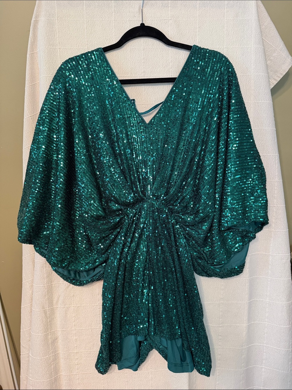 Aakaa Teal Sequin V-Neck Draped Jumpsuit